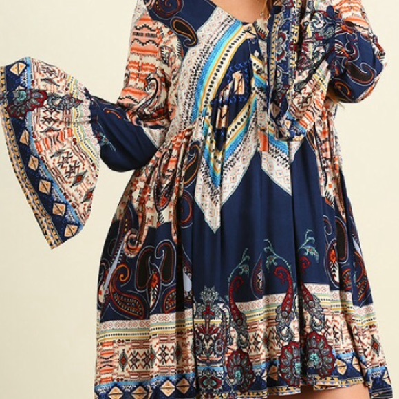 Boho Bell Sleeve Babydoll Tunic Dress Size XL New - Picture 3 of 3